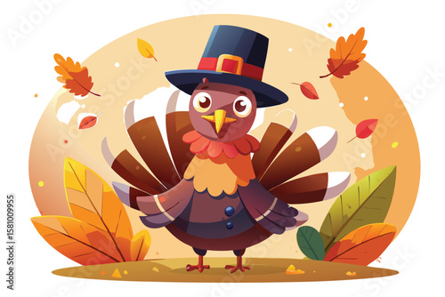 Cute cartoon turkey wearing a pilgrim hat and surrounded by autumn leaves isolated on transparent background
