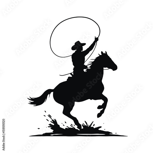 Black silhouette vector illustration of a cowboy riding a horse, perfect for equestrian sport art