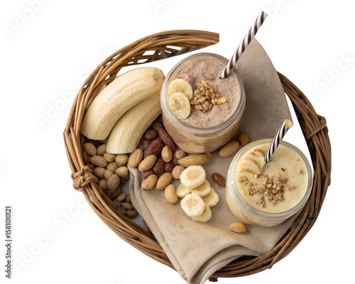 Rustic basket with peanut butter banana shake and assorted gourmet milkshakes on white background