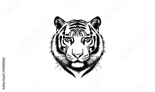 "Tiger Face Line Art Drawing: Bold Symmetrical Wild Cat Illustration"