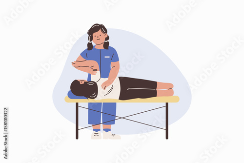 Female Chiropractor Adjusting Patient on Table for Physiotherapy Rehabilitation Vector