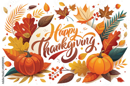 Happy thanksgiving greeting with pumpkins and autumn leaves isolated on transparent background
