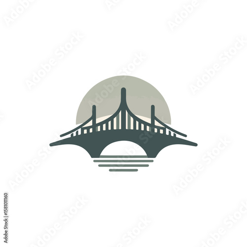 A stylized illustration of a bridge at sunset with calm water reflecting the scene