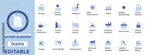 Editable factory blueprint icons perfect for industrial design, engineering plans, and smart manufacturing visuals.