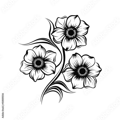 Black and white poppy flowers with swirling stems floral bouquet