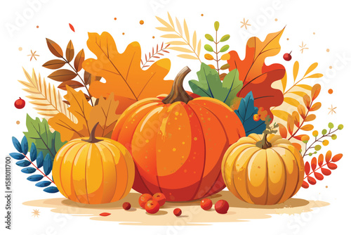 Autumn harvest pumpkins and colorful fall leaves isolated on transparent background