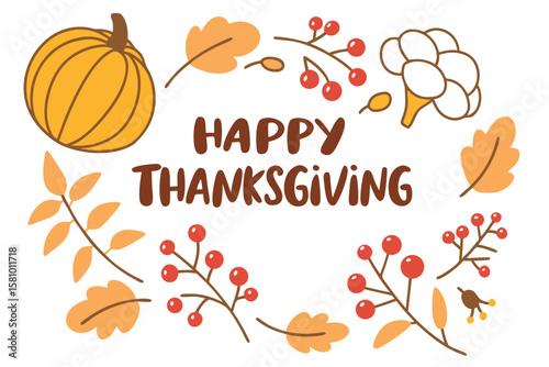 Happy thanksgiving greeting with pumpkin leaves and berries isolated on transparent background
