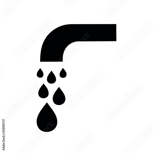 Black Plumbing Faucet Spout with Dripping Water Drops on White Background