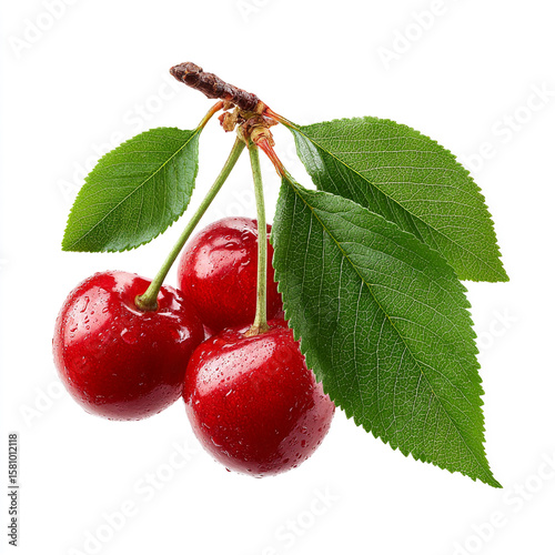 Cherry isolated png. Sour cherry with leaf on white or transparent background. Perfect retouched cut cherry with leaves no background. Png cherry. Full depth of field.