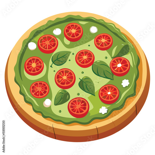 A gourmet pizza with a thick layer of pesto and sweet cherry tomatoes, fresh and bright.