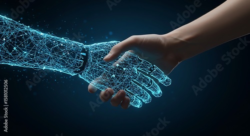 Human hand shaking hands with a digital robot hand on dark blue background