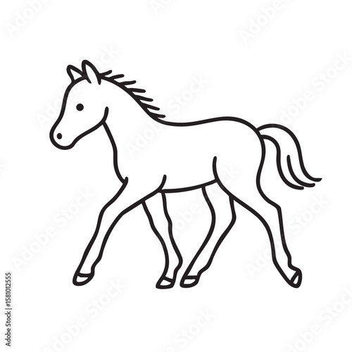 Simple Line Drawing of a Horse Trotting with a Flowing Mane and Tail on White Background