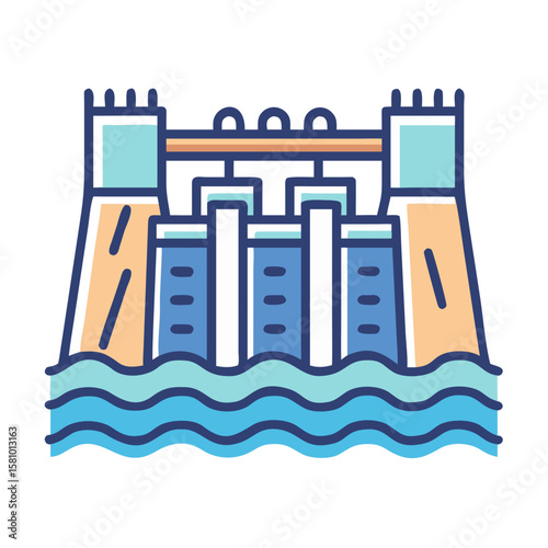 Hydroelectric Dam Icon with Water Flowing Through