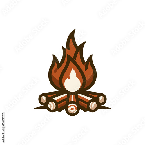 A vibrant campfire with logs burning brightly, set against a serene outdoor backdrop