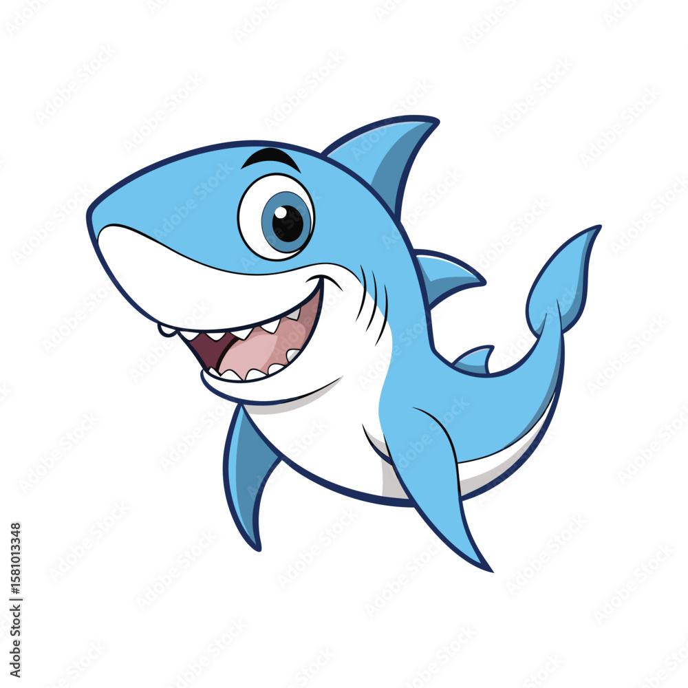 Naklejka premium Cheerful blue shark cartoon character smiling with sharp teeth illustration white
