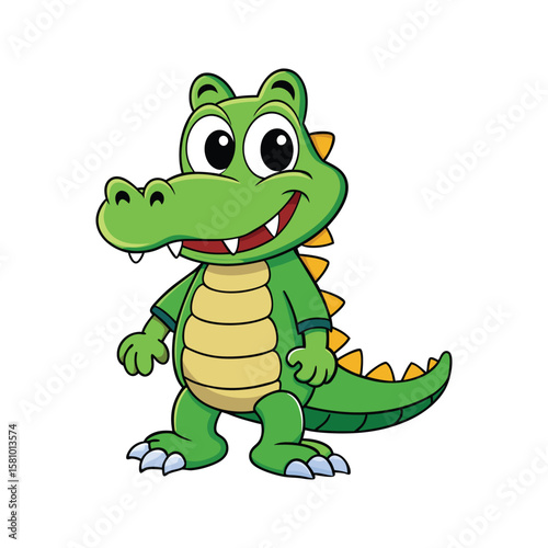 Cheerful green alligator with yellow spikes and tan belly cartoon illustration