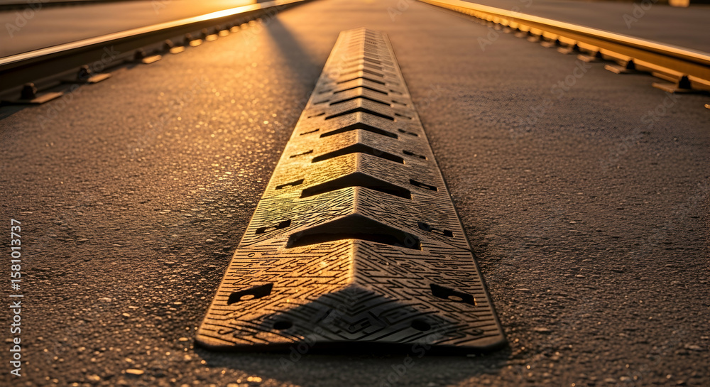 Fototapeta premium A Detailed View of a Railroad Expansion Joint at Sunset highlighting Infrastructure