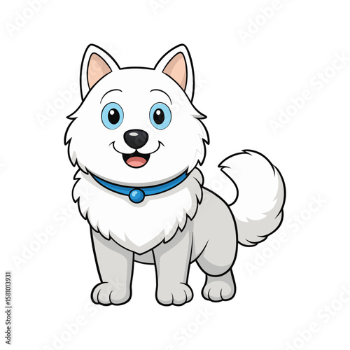 Cheerful white dog with blue eyes and collar fluffy