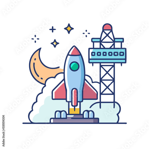 Cartoon Rocket Launching at Night with Moon and Stars