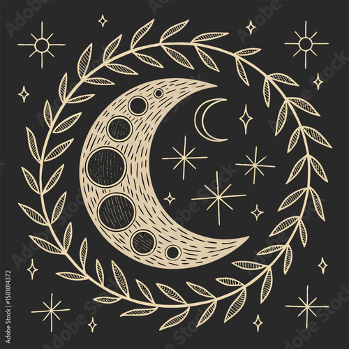 Celestial moon phases and stars design embellished with rustic thread floral elements