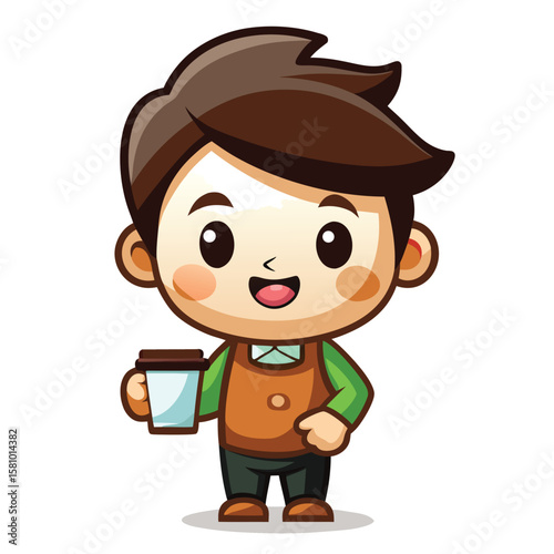 A playful chibi style character of a barista holding a coffee cup, cute and charming.