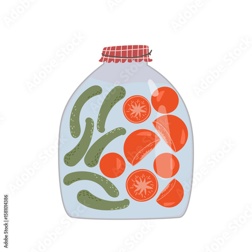 Preserved pickled homemade vegetables in jars, flat vector illustration isolated on white background. Pickled cucumbers and tomato for harvest storage and food preserves concept
