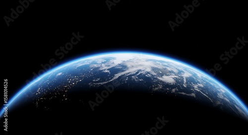 Fototapeta Naklejka Na Ścianę i Meble -  Earth from space showing blue atmosphere clouds and city lights
