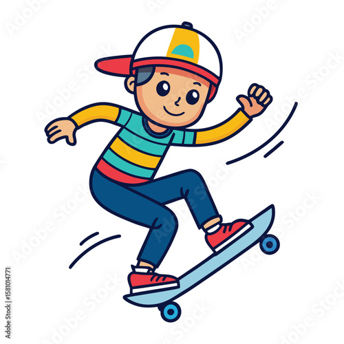 A playful doodle of a skateboarder doing a mid-air trick, full of youthful energy.