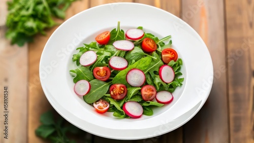 Fresh Arugula Salad with Sliced Radishes and Cherry Tomatoes Served on White Plate Against Wooden Background