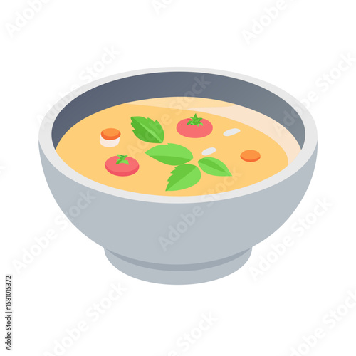 Isometric Bowl of Tomato Soup with Basil Illustration