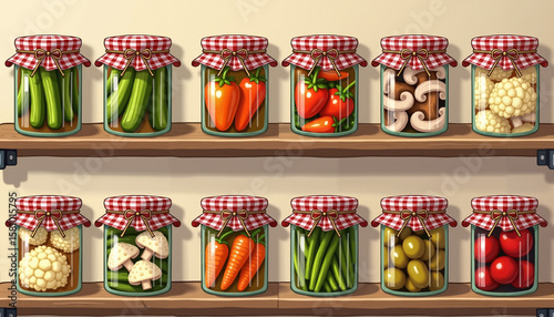 Glass jars filled with pickled vegetables on wooden shelves  