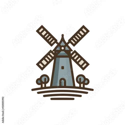 A picturesque windmill surrounded by trees, set against a serene landscape with rolling hills