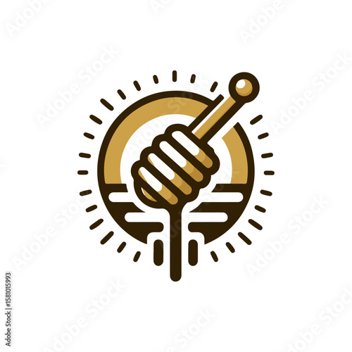 Stylized honey dipper against a sun backdrop, symbolizing sweetness and nature's bounty
