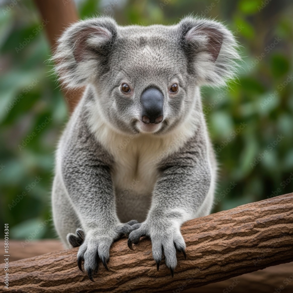 Fototapeta premium Grey Koala Bear Sitting on Tree Branch Close Up Portrait Wildlife Photography