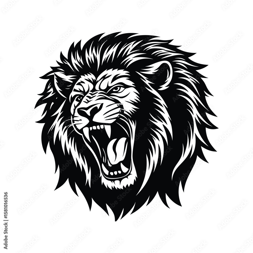 Fototapeta premium Fierce lion head roaring black silhouette mane wild