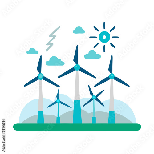 Wind Turbines with Sun and Clouds on Black Background