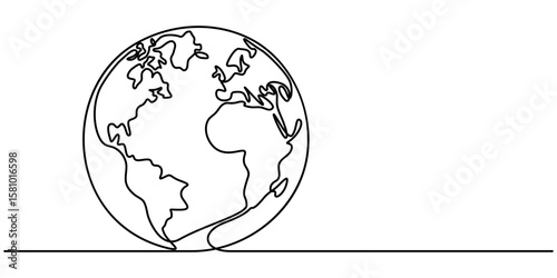 Continuous one line art drawing of earth planet, Globe, geography vector outline,  Single-line drawing of the Earth. Globe in one line style. Vector illustration.                                      