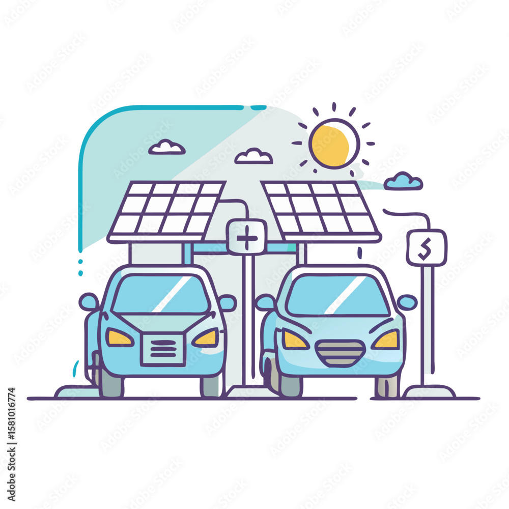Fototapeta premium Electric Cars Charging at a Solar Powered Station Illustration