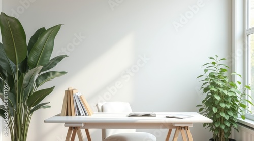 A professional virtual background of a clean, modern home office with a bookshelf and natural light.
