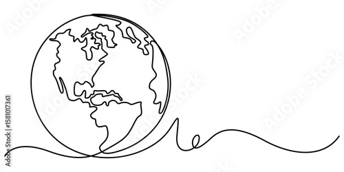 Continuous one line art drawing of earth planet, Globe, geography vector outline,  Single-line drawing of the Earth. Globe in one line style. Vector illustration.                                      