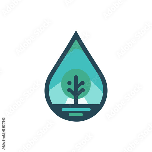 Stylized water droplet with tree illustration, symbolizing nature and sustainability