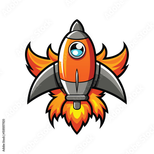 Orange rocket ship with fiery propulsion and large eye spaceship launch