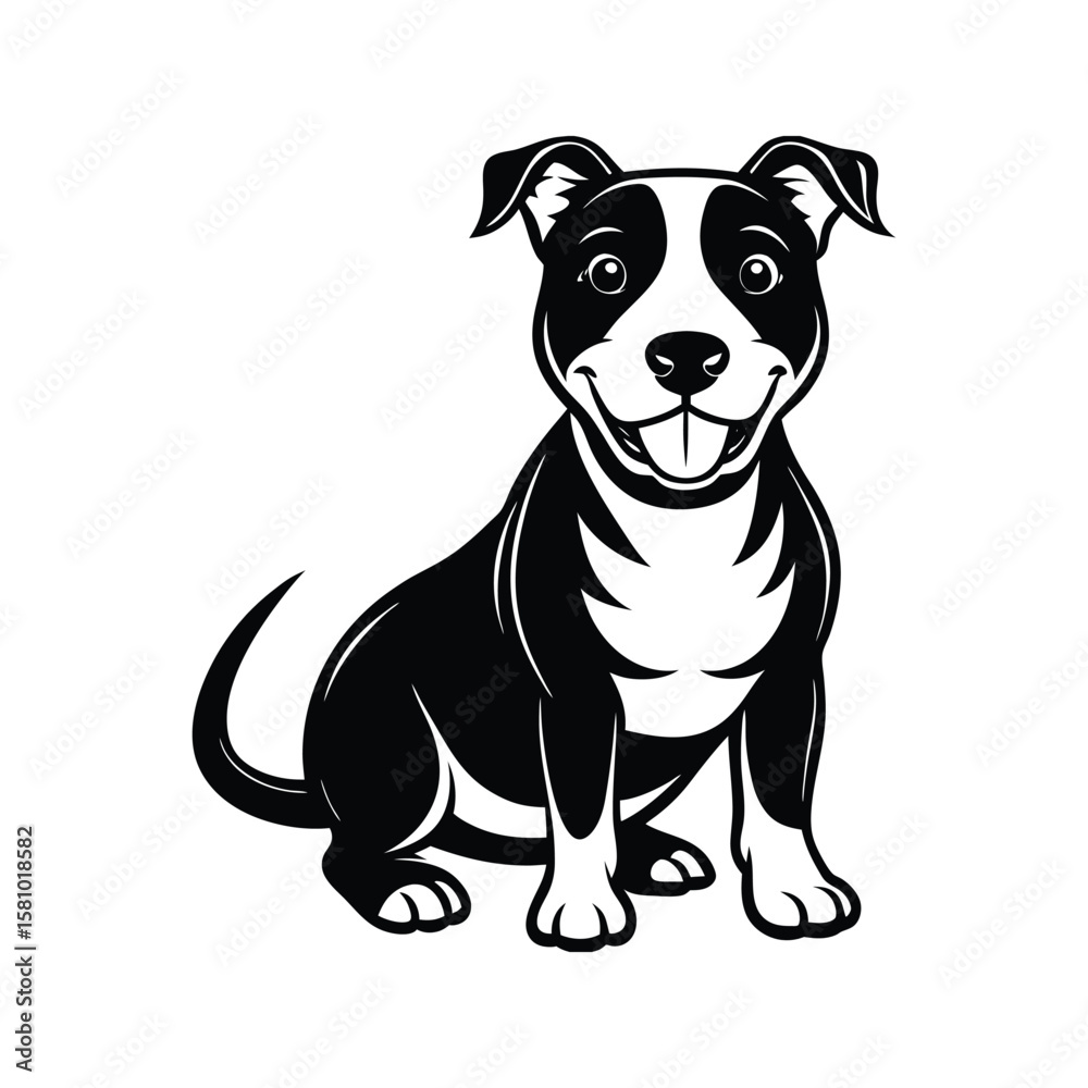 Fototapeta premium Playful pit bull terrier dog black and white silhouette sitting