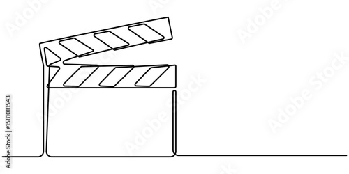 film clapper continuous one line drawing, Clapper board and film reel continuous one line drawing. Filmstrip linear element. Movie scene episode production concept. Vector illustration isolated on. 