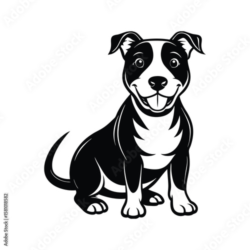 Playful pit bull terrier dog black and white silhouette sitting