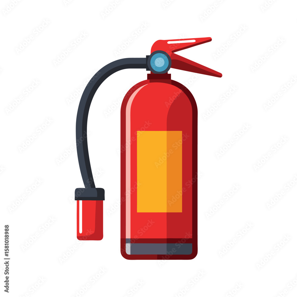 Obraz premium Red fire extinguisher with yellow label and black hose vector