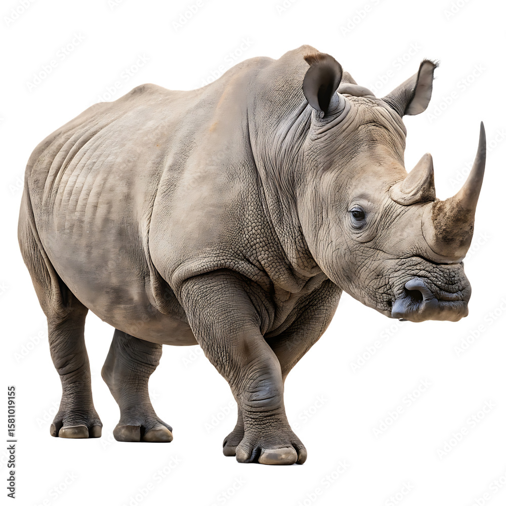 Fototapeta premium A single large gray rhinoceros or rhino with a prominent horn, an endangered mammal, isolated on a transparent background png