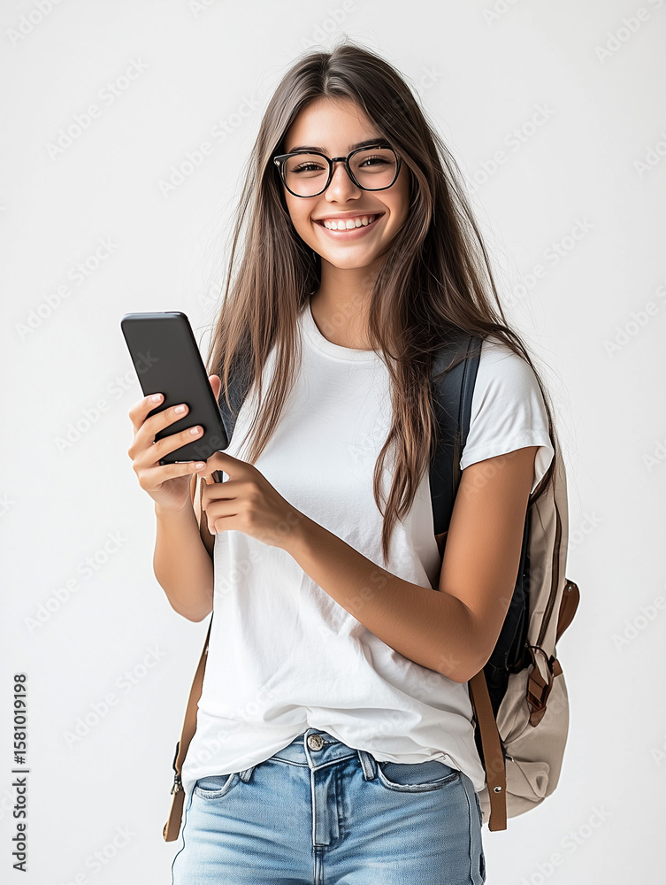 Smiling student using smartphone on white background Smiling student using smartphone on white background