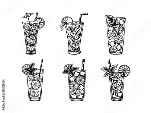 Refreshing cocktails with citrus slices and mint leaves mojito drink