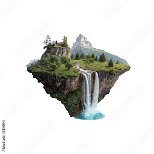 Floating island waterfall fantasy landscape scenic view nature art transparent background